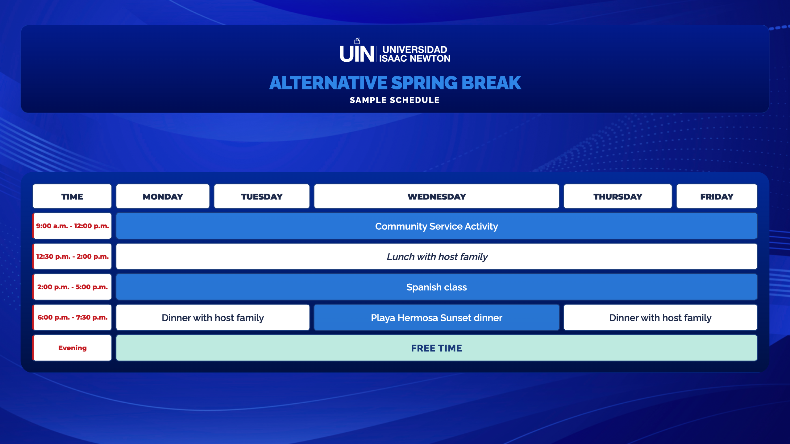 Alternative Spring Break weekly schedule