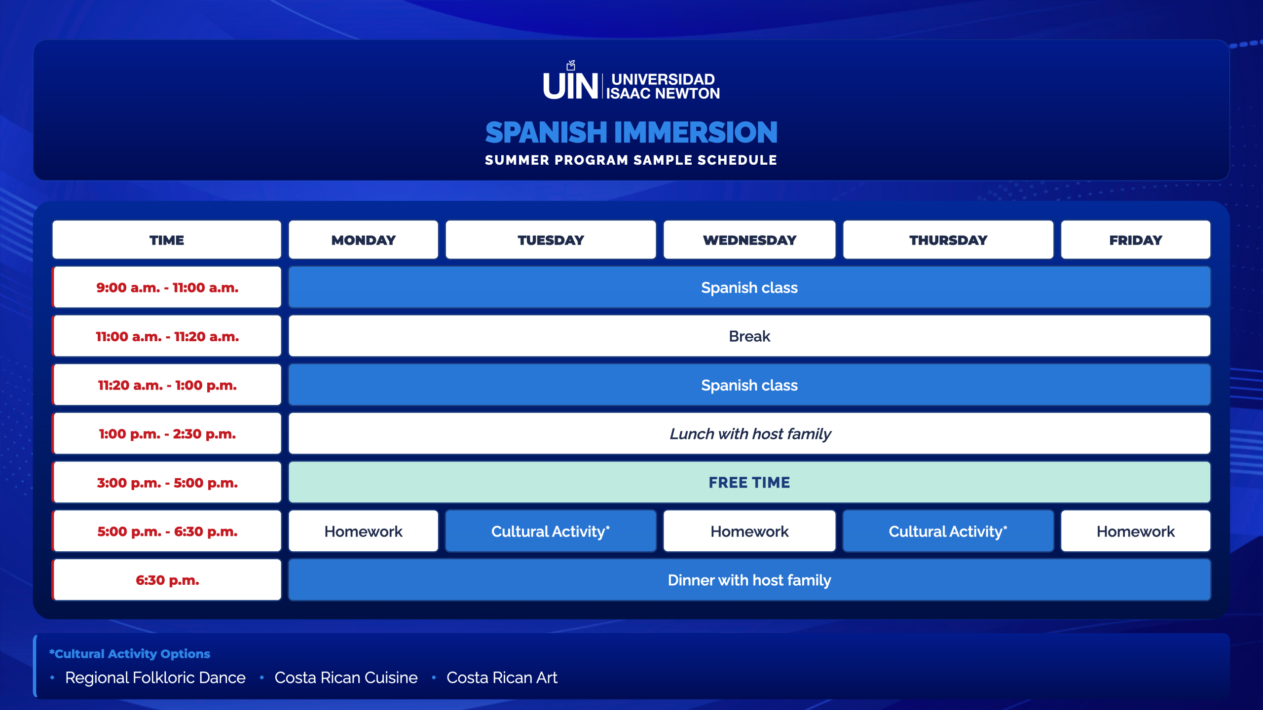 Summer Immersion Program weekly schedule
